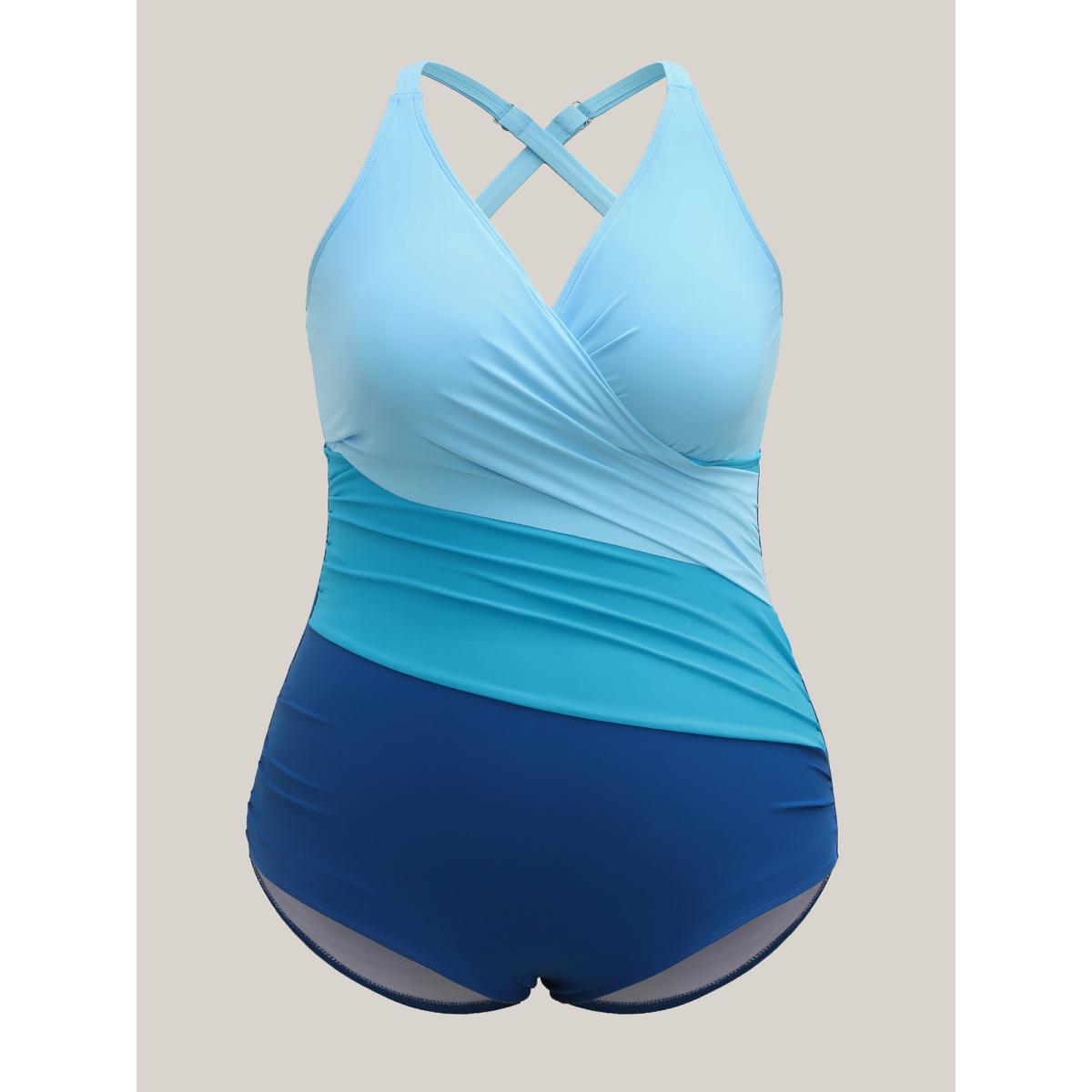 Plus Size Color Block Pleated One-Piece Swimsuit Women's Swimwear Mediumblue Resort Gathered Curve Bathing Suits High stretch One Pieces BloomChic 14-16/1X Product Image