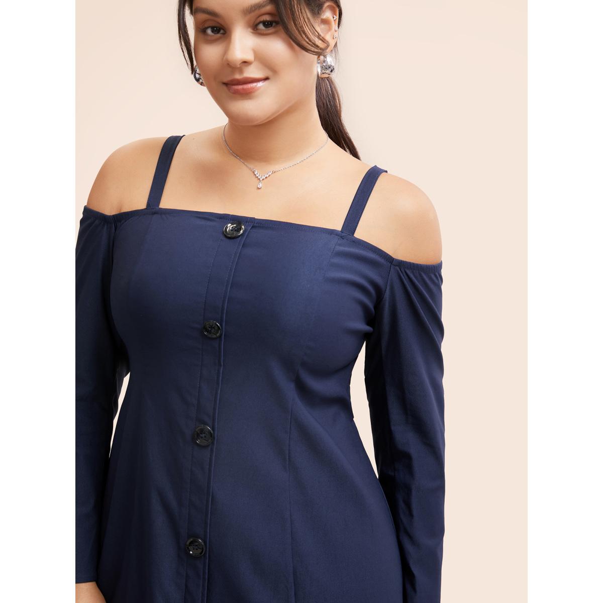 Plus Size Stretch Woven One-Shoulder Midi Dress DarkBlue Women At the Office Button One-shoulder neck Long Sleeve Curvy BloomChic 28/5X Product Image
