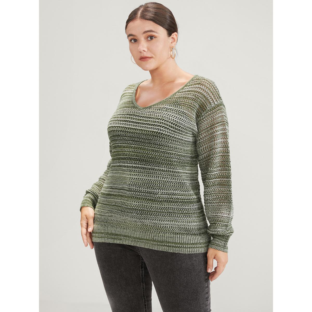 Plus Size Ombre Spacedye Knit V Neck Crochet Knit Top Multicolor Women Casual Loose Long Sleeve V-neck Dailywear Pullovers BloomChic 14-16/1X Product Image