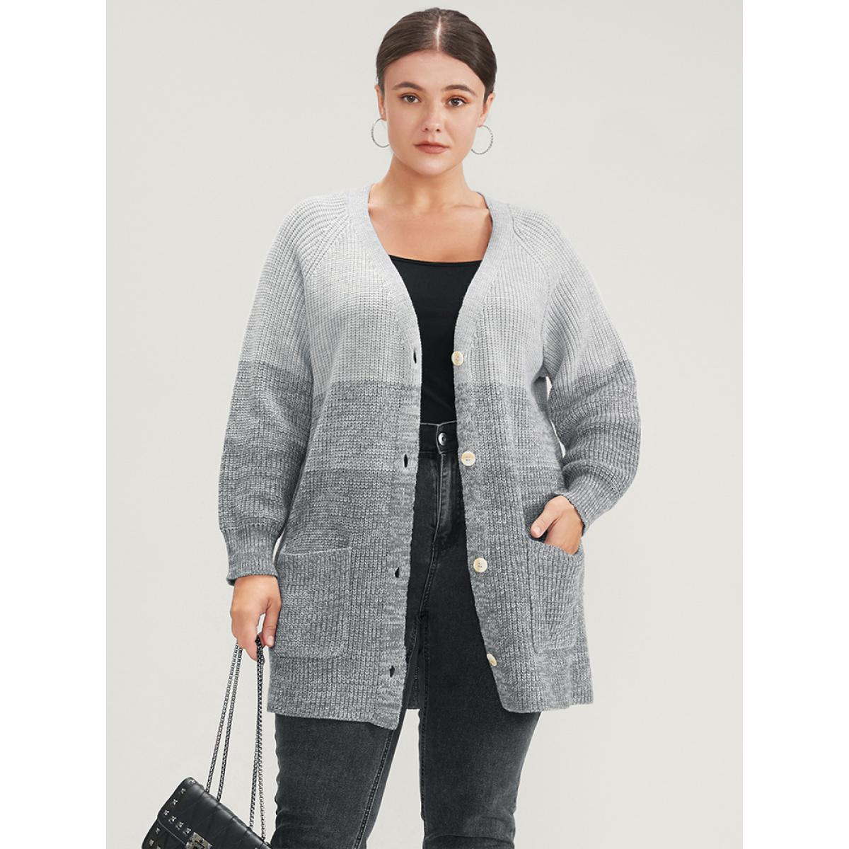 Plus Size Ombre Pointelle Knit Pocket Button Front Cardigan DimGray Women Elegant Loose Long Sleeve Dailywear Cardigans BloomChic 30/6X Product Image