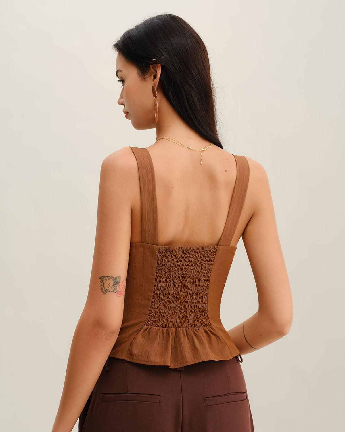 Brown Ruched Shirred Cami Top Product Image