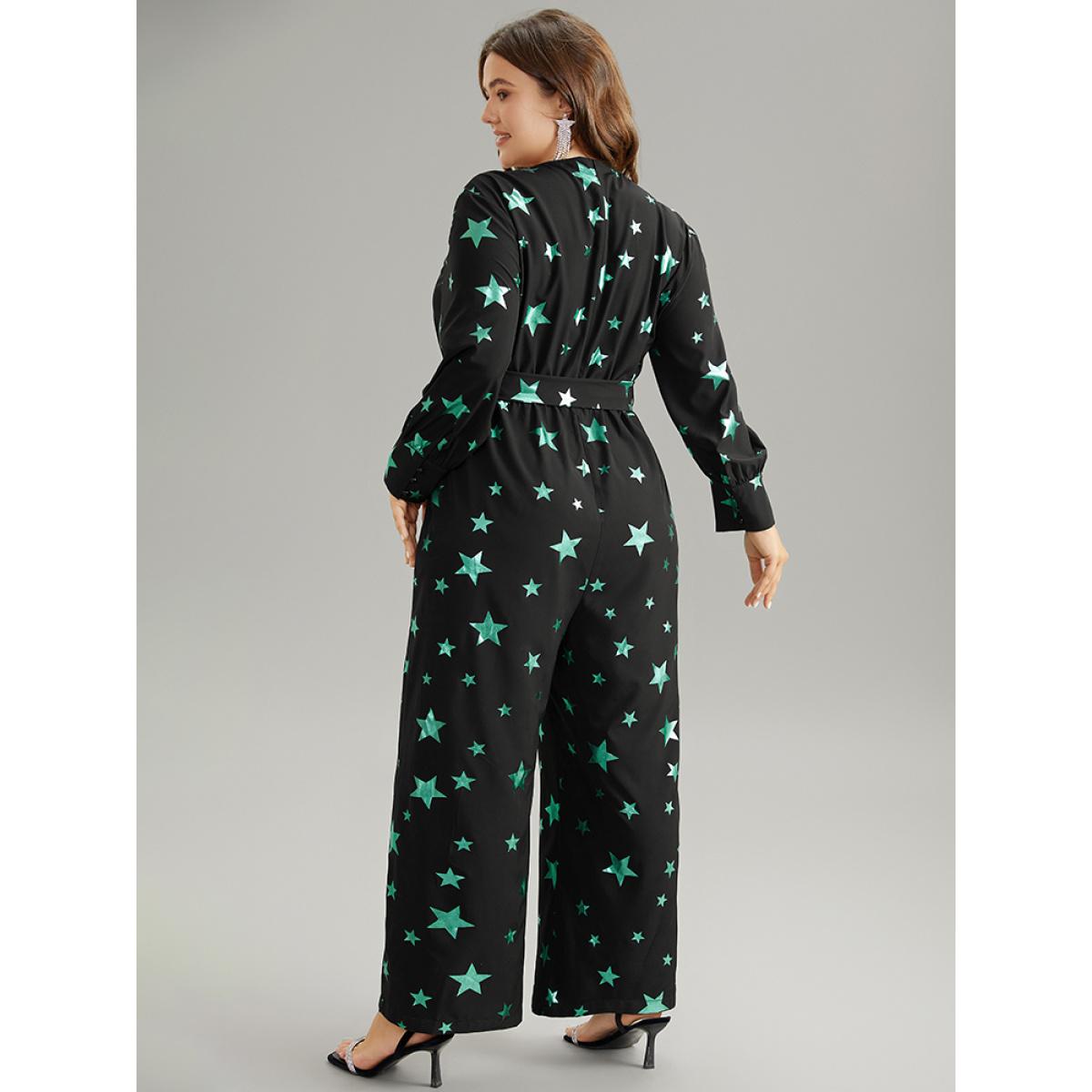 Plus Size Black Star Glitter Belted V Neck Jumpsuit Women Glamour Long Sleeve Overlap Collar Going out Loose Jumpsuits BloomChic 22-24/3X Product Image
