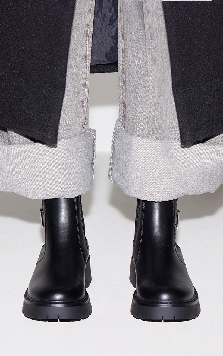 Black PU Round Toe Chunky Sole Ankle Boot Product Image