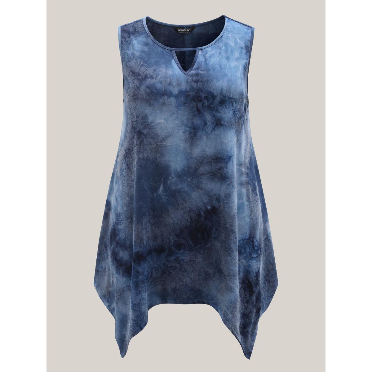 Plus Size Tie-Dye Keyhole Long Tank Top Women Mediumblue Casual Cut-Out Notched collar Casual Tank Tops Camis BloomChic 10/M Product Image