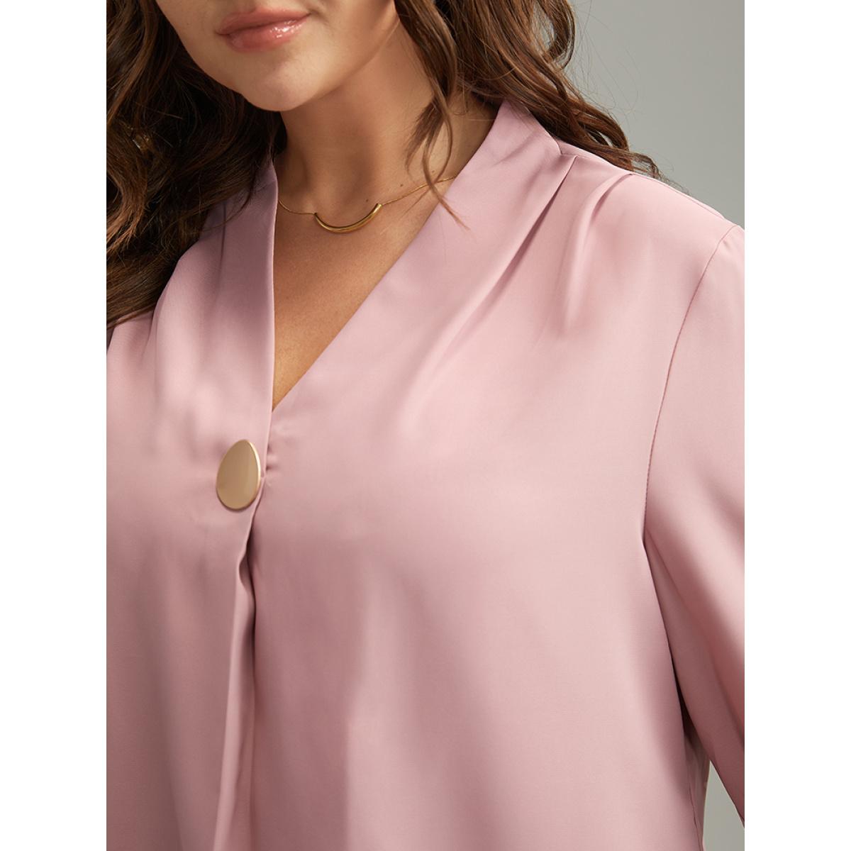 Plus Size DustyPink Plain Buckle Detail Pleated Blouse Women Office Long Sleeve V-neck Office Blouses BloomChic 12/L Product Image