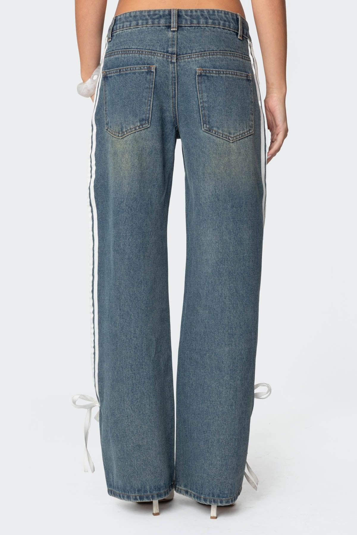 Ribbon Washed Low Rise Baggy Jeans Product Image