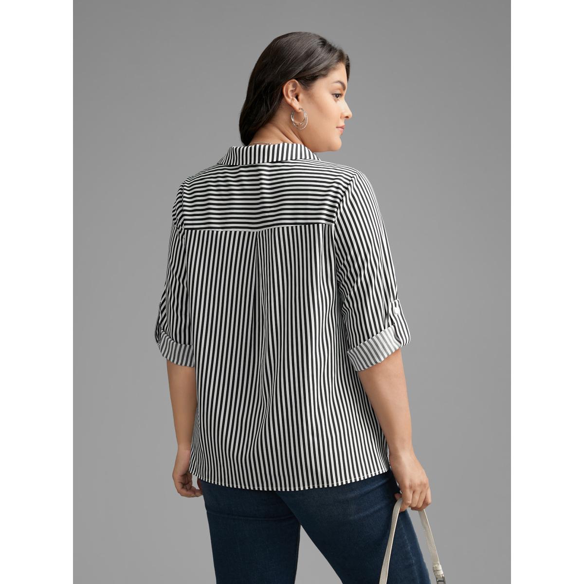 Plus Size Black Striped Button Cuff Sleeve Split Hem Blouse Women At the Office Elbow-length sleeve Shirt collar Work Blouses BloomChic 28/5X Product Image