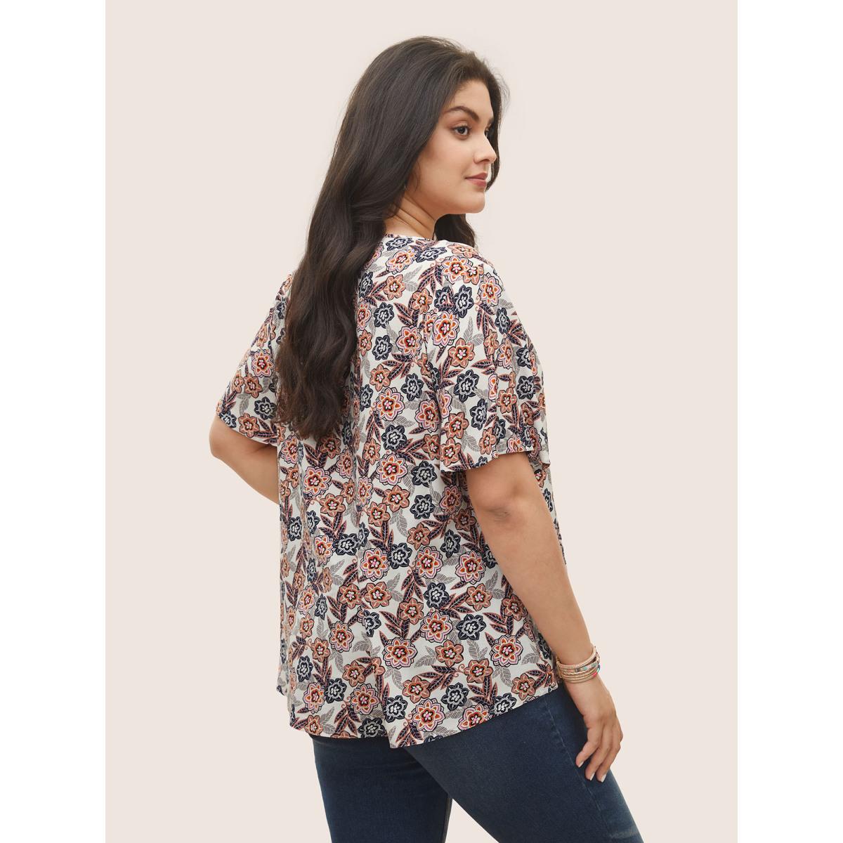 Plus Size Indigo Boho Print Button Detail Ties Blouse Women Resort Short sleeve V-neck Vacation Blouses BloomChic 18-20/2X Product Image
