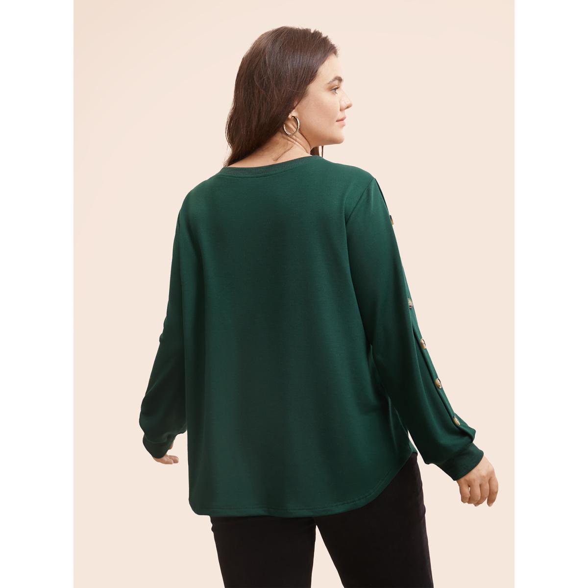 Plus Size Crew Neck Patchwork Button Detail Sweatshirt Women DarkGreen Casual Patchwork Round Neck Everyday Sweatshirts BloomChic 12/L Product Image