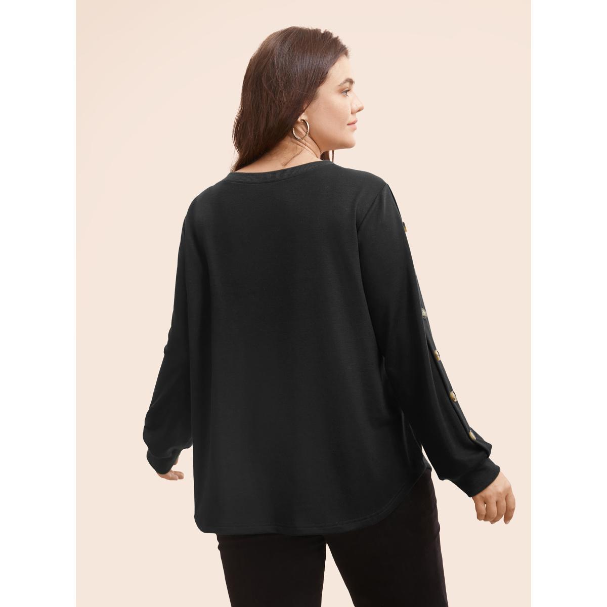 Plus Size Crew Neck Patchwork Button Detail Sweatshirt Women Black Casual Patchwork Round Neck Everyday Sweatshirts BloomChic 28/5X Product Image