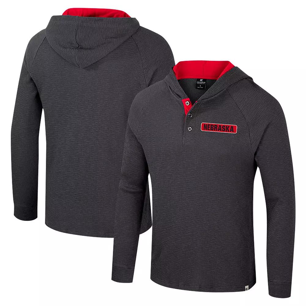 Men's Colosseum  Charcoal Nebraska Huskers Dujour Ralgan Long Sleeve Henley Hoodie T-Shirt, Size: Large Product Image