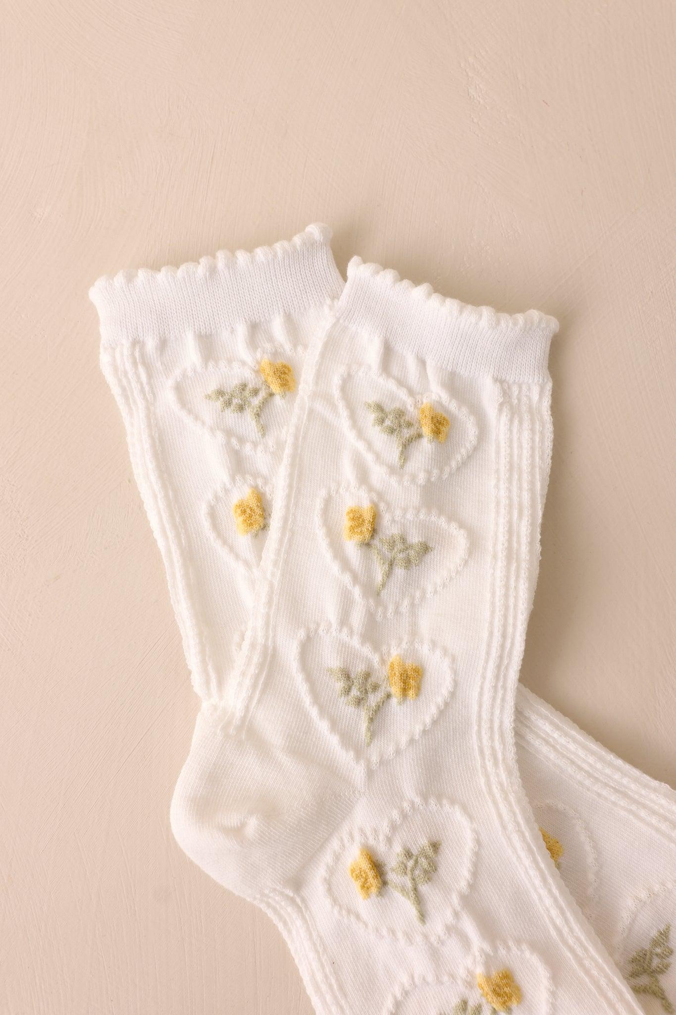 Heart of Eternal Bloom White Floral Crew Socks Product Image