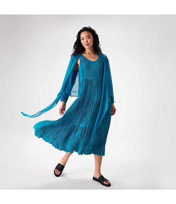 Eileen Fisher Crushed Silk V-Neck Sleeveless Midi Dress Product Image