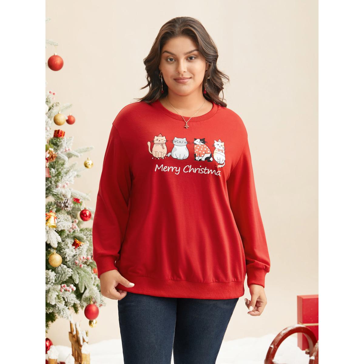 Plus Size Festive Cats Print Relaxed Fit Sweatshirt Women Brightred Casual Non Round Neck Everyday Sweatshirts BloomChic 10/M Product Image