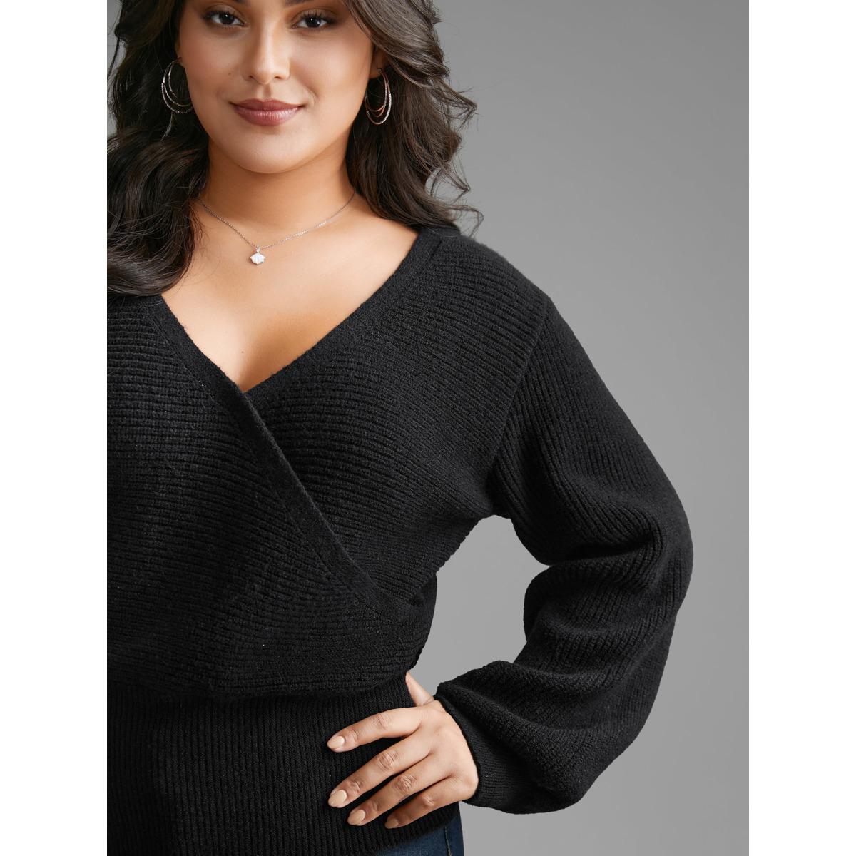 Plus Size Overlap Collar Textured Lantern Sleeve Pullover Black Women Casual Loose Long Sleeve Overlap Collar Everyday Pullovers BloomChic 10/M Product Image