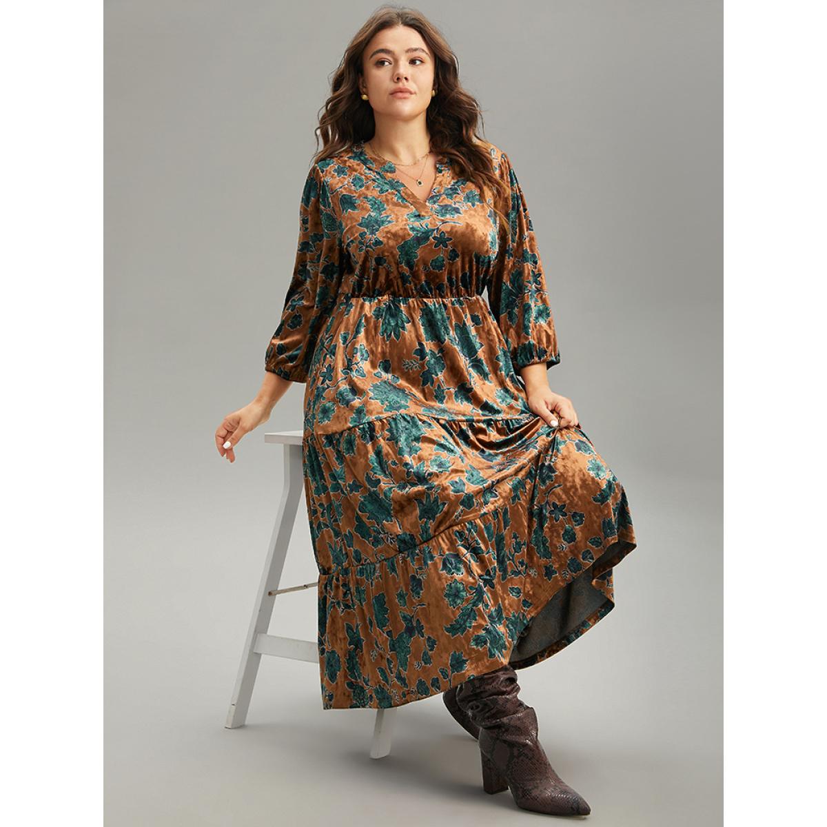 Plus Size Velvet Floral Print Notched Lantern Sleeve Dress Chocolate Women Casual Velvet Notched collar Elbow-length sleeve Curvy Midi Dress BloomChic 26/4X Product Image