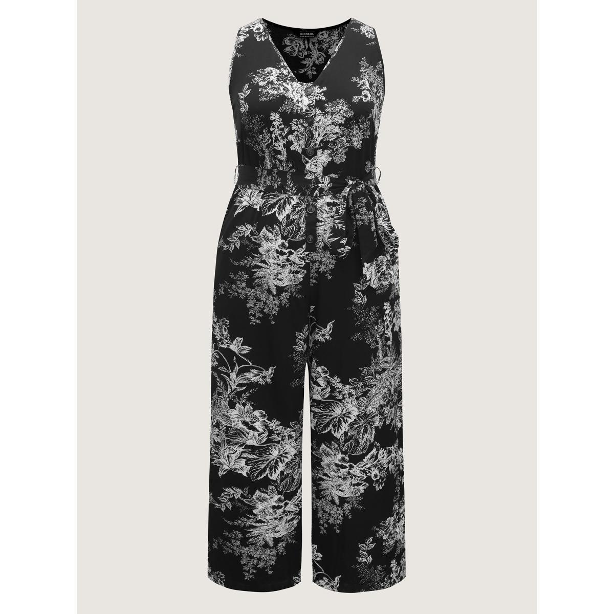 Plus Size Black Monochrome Floral Buttons Pockets Jumpsuit Women Timeless Sleeveless V-neck Elegant Loose Jumpsuits BloomChic 14-16/1X Product Image