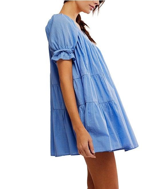 Free People Sandy Shores Scoop Neck Short Puff Sleeve Tiered Babydoll Mini Dress Product Image