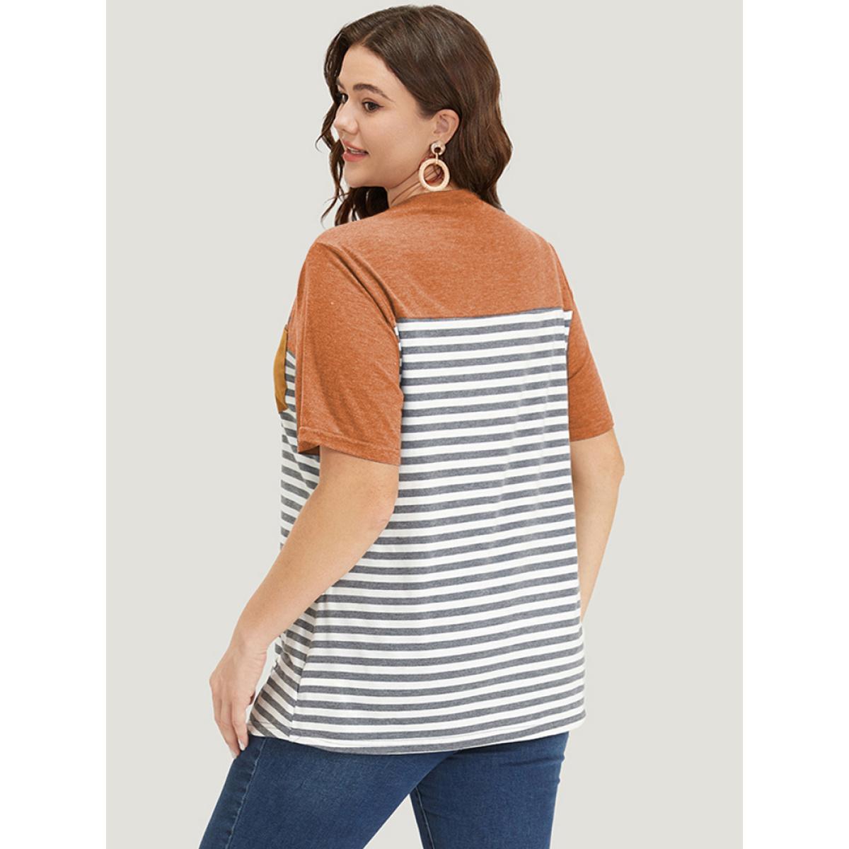 Plus Size Striped Patchwork Round Neck Patched Pocket T-shirt Chocolate Women Casual Patchwork Striped Round Neck Dailywear T-shirts BloomChic 12/L Product Image