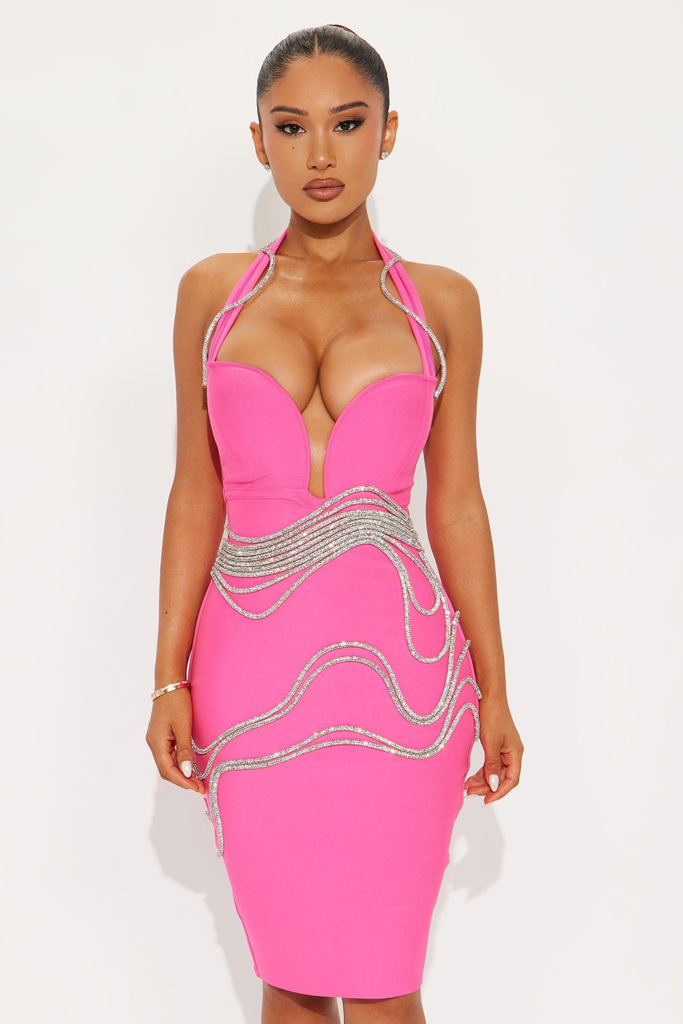 Beyond Classy Rhinestone Bandage Midi Dress - Hot Pink Female Product Image
