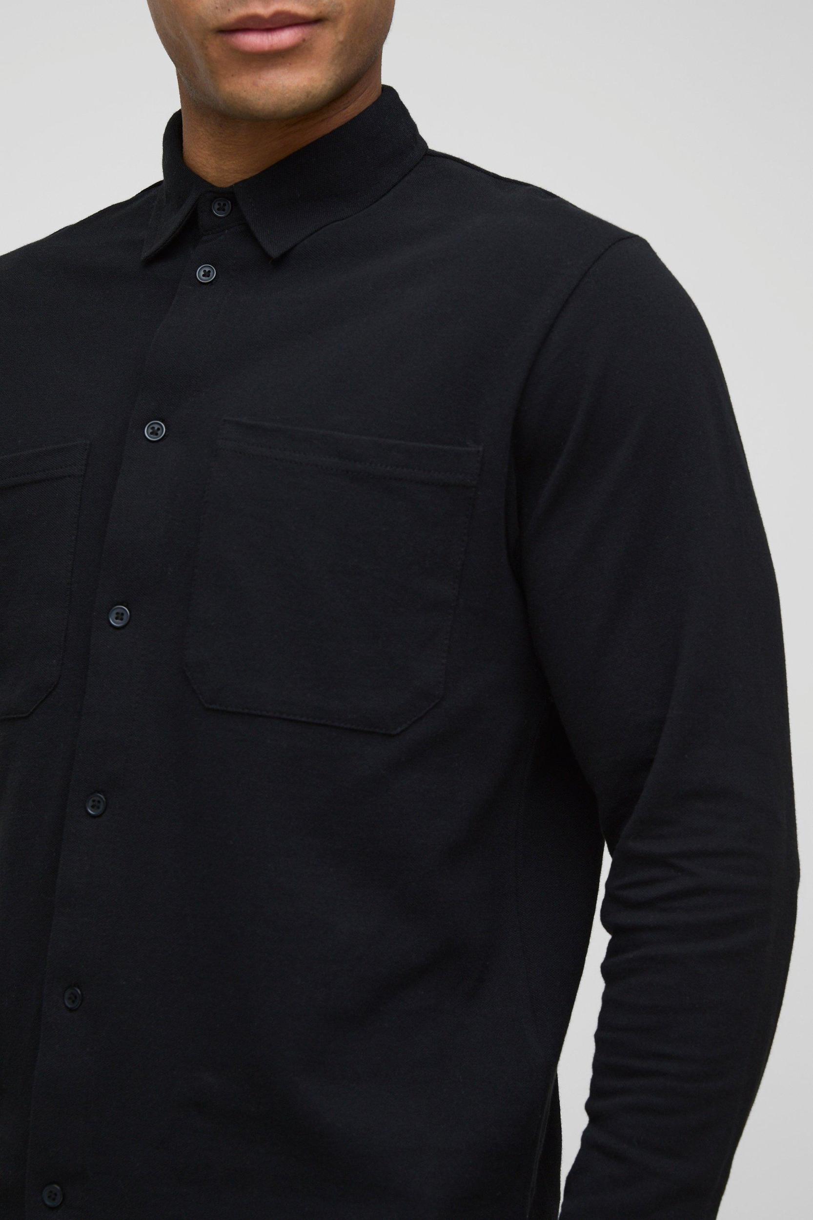 Regular Fit Pique Button Down Collar Pocket Detail Jersey Shirt | boohooMAN USA Product Image