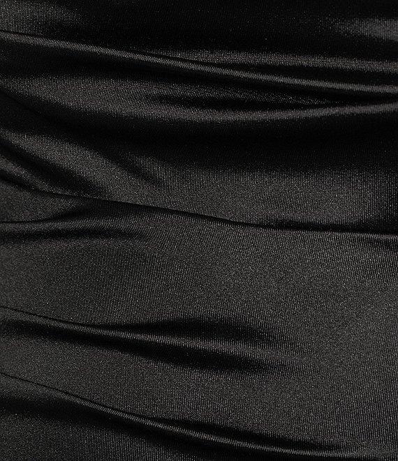 B. Darlin Satin Cowl Neck Shirred Lace-Up Back Long Dress Product Image