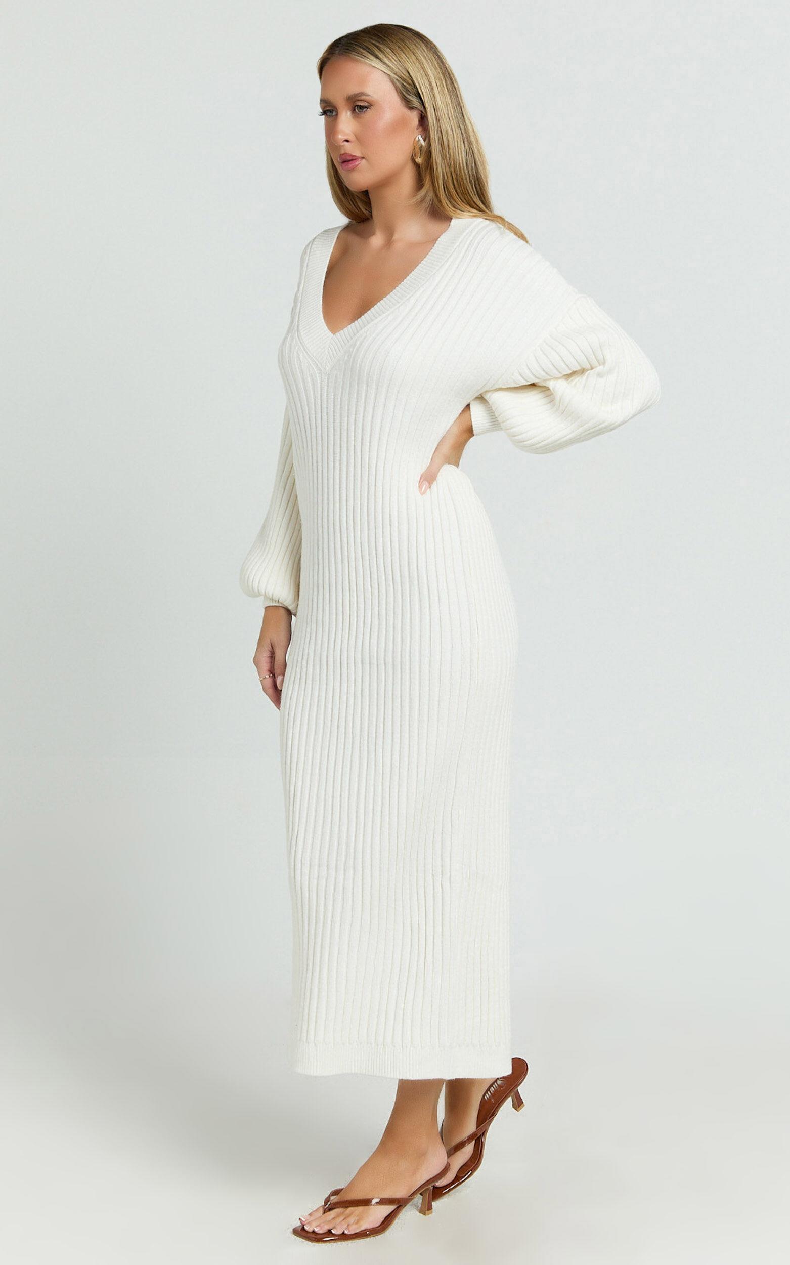 Kartia Midi Dress - V Neck Knit Dress in Off White Product Image