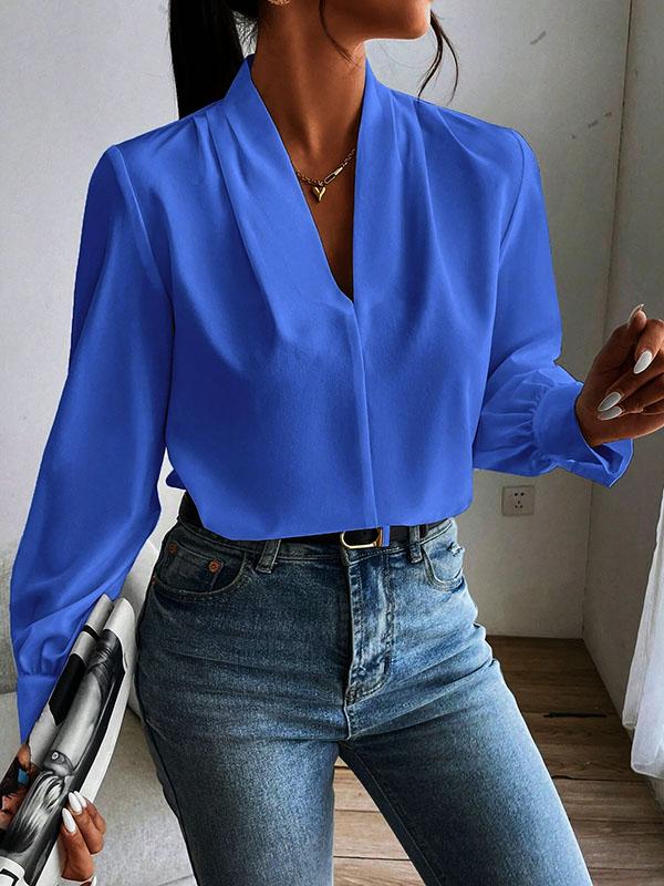 Long Sleeves Loose Pleated Solid Color Split-Joint V-Neck Blouses&Shirts Tops Product Image