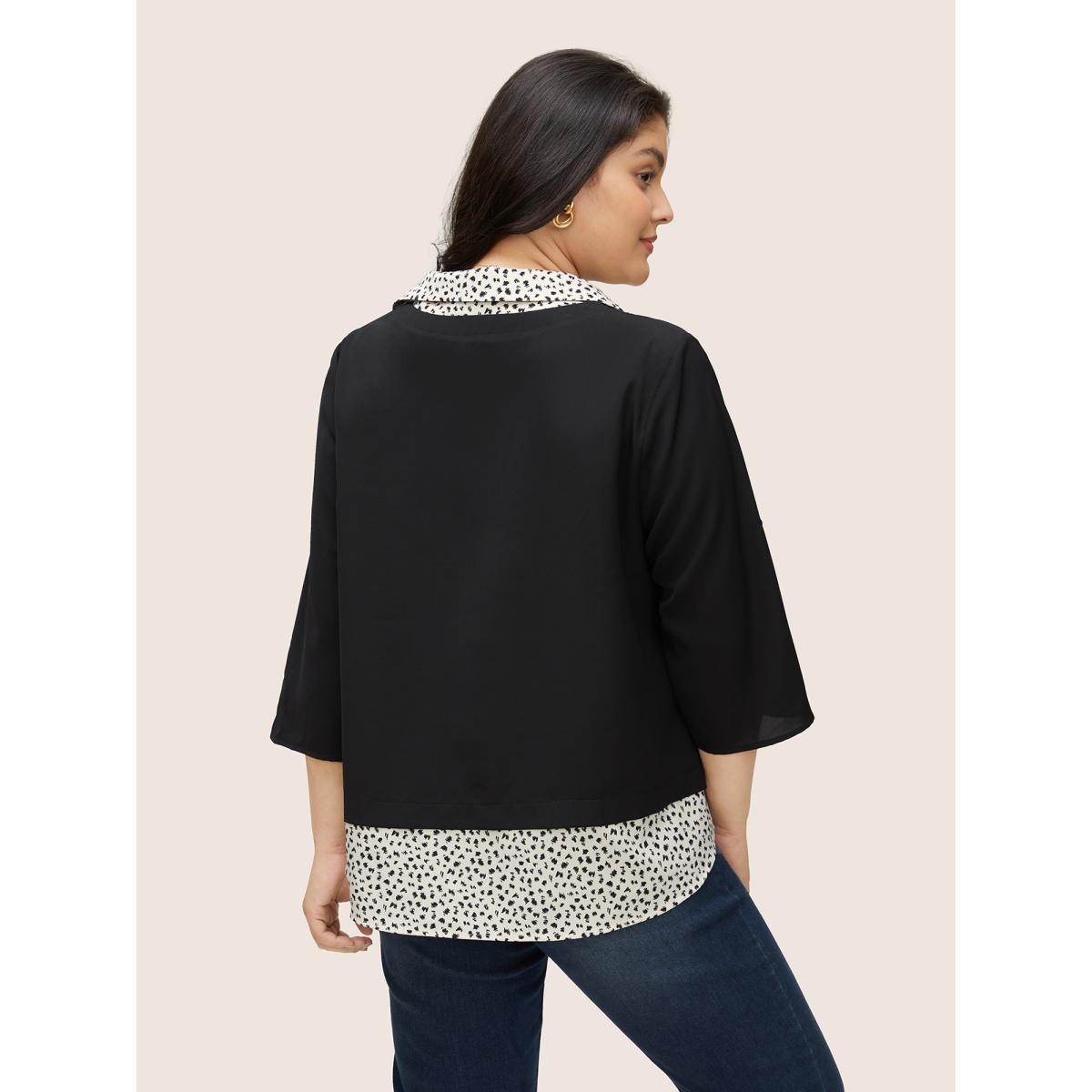 Plus Size Black Static-Free Leopard 2-In-1 Roll Tab Sleeve Blouse Women At the Office Elbow-length sleeve Shirt collar Work Blouses BloomChic 26/4X Product Image