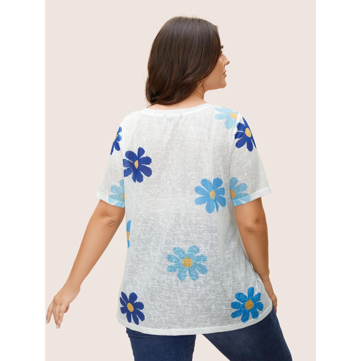 Plus Size Colored Floral V Neck See Through T-Shirt Multicolor Women Playful See through Art&design V-neck Casual T-shirts BloomChic 10/M Product Image