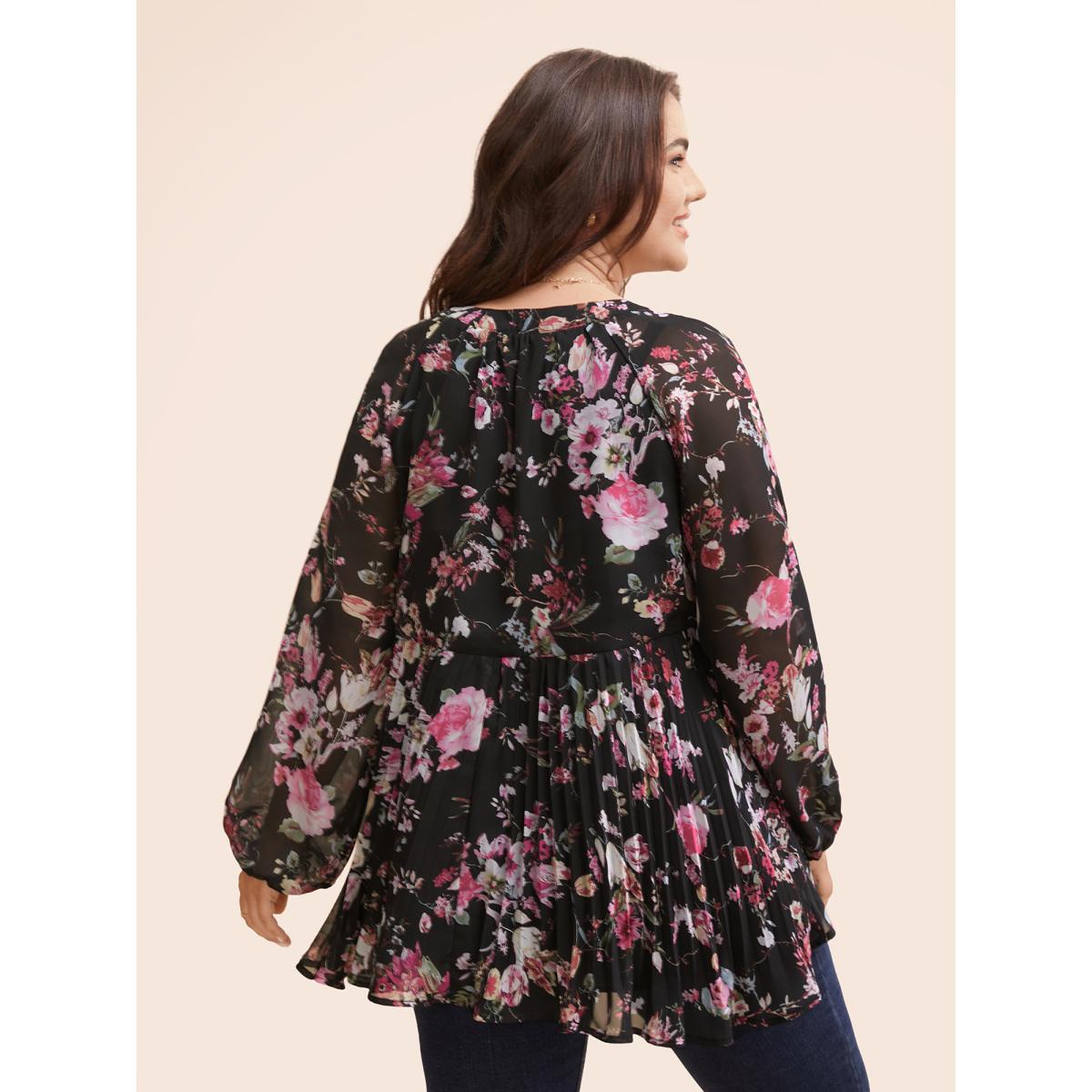 Plus Size Black Chiffon Floral Pleated Pocket Blouse Women Elegant Long Sleeve Flat collar with V-notch Everyday Blouses BloomChic 12/L Product Image