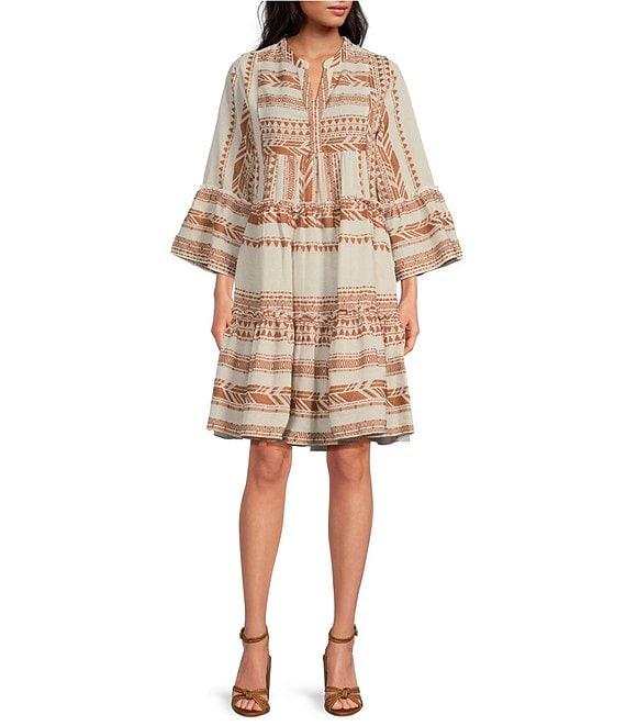 ELAN Arrow Geo Print Split V-Neck 3/4 Bell Sleeve Babydoll Dress Product Image