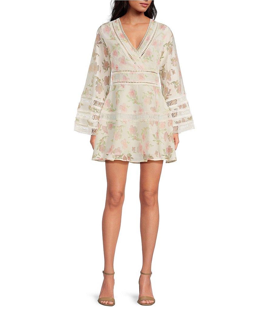 Layered With Love Blair Floral Burnout Jacquard V Neck Long Sleeve A-Line Mini Dress Product Image