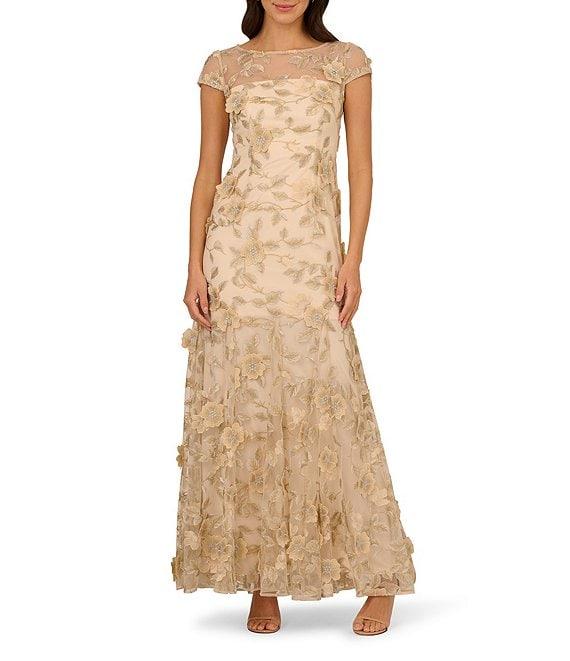 Adrianna Papell Floral Embroidered Boat Neck Short Sleeve A-Line Long Dress Product Image