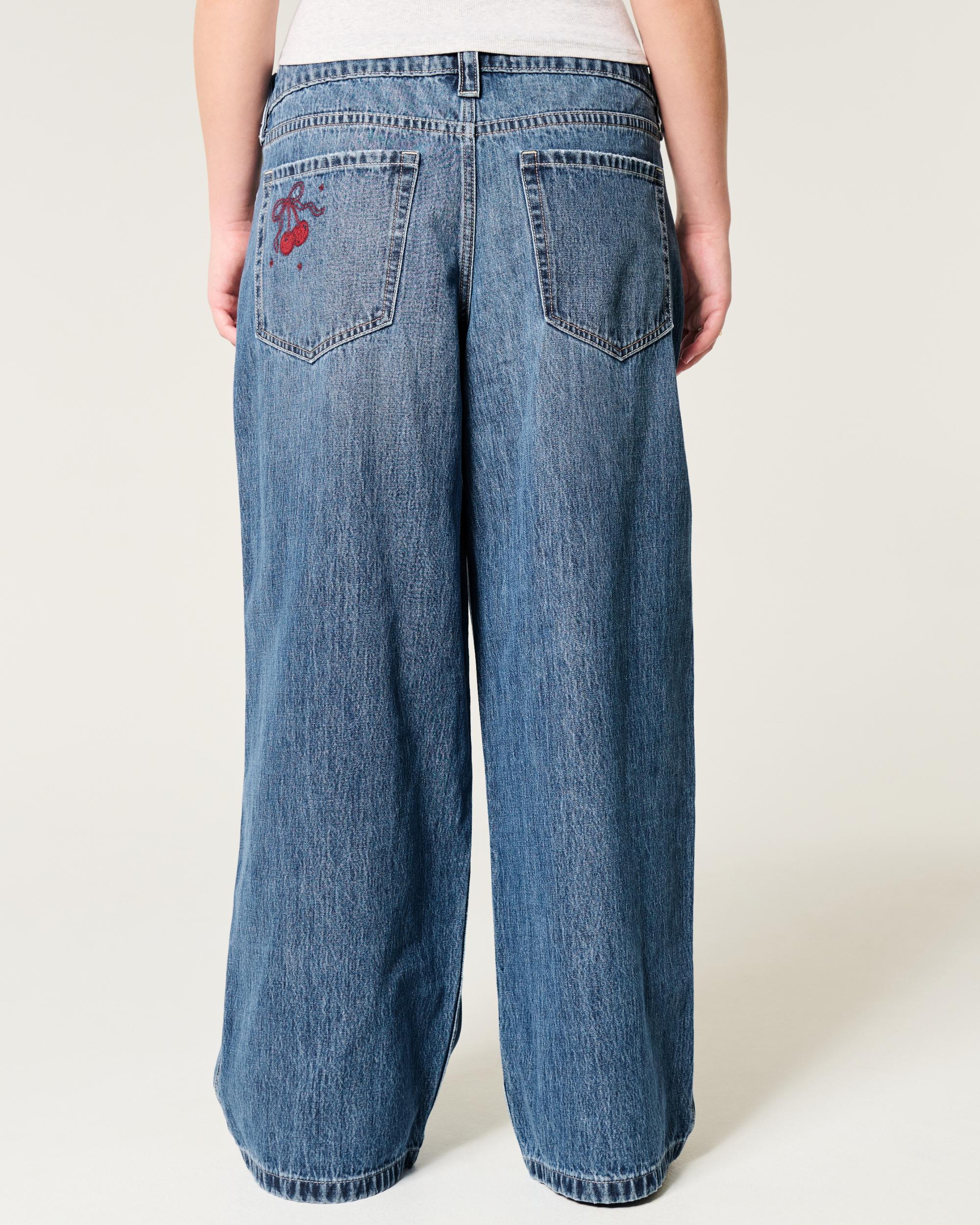 Low-Rise Medium Wash Cherry Embroidered Super Baggy Jeans Product Image