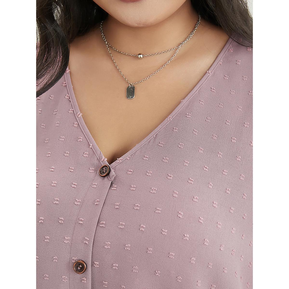 Plus Size Mauve Polka Dot V Neck Button Detail Cuffed Sleeve Blouse Women Office Elbow-length sleeve V-neck Office Blouses BloomChic 28/5X Product Image