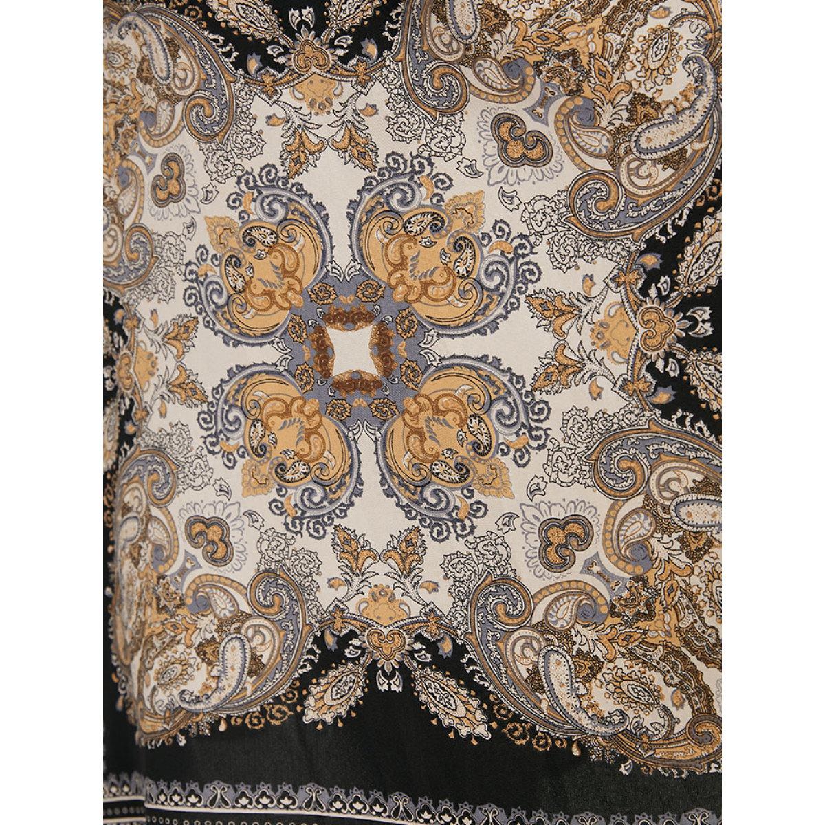 Plus Size Bandana Print Split Side Tassels Ties Dress Black Women Vacation Tassels Tie Neck Long Sleeve Curvy Midi Dress BloomChic 22-24/3X Product Image