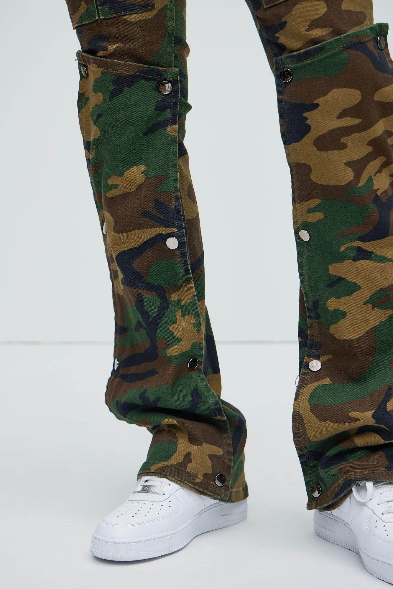 Utility Snap Pockets Slim Flare Pants - Camouflage Product Image