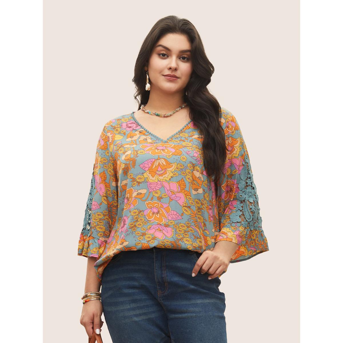 Plus Size Stone Boho Print Guipure Lace Ruffles Blouse Women Boho Elbow-length sleeve V-neck Vacation Blouses BloomChic 28/5X Product Image