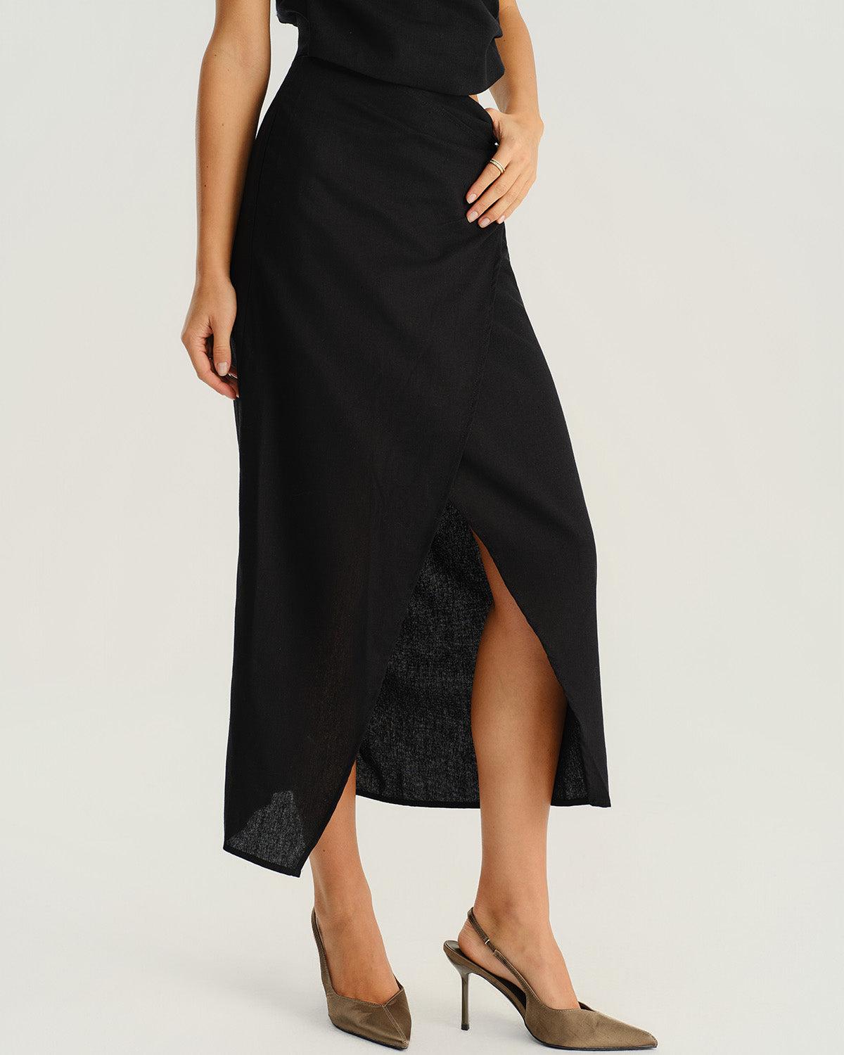 Black Natural Waisted Slit Midi Skirt Product Image
