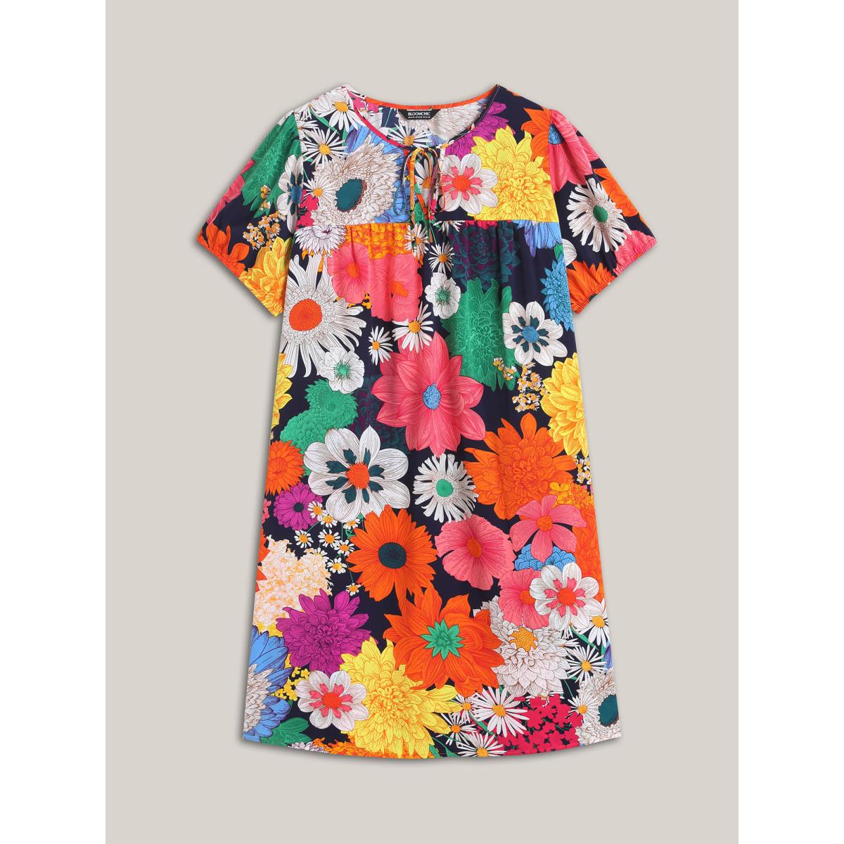 Plus Size Large Floral Print Neck Tie Midi Dress DarkBlue Women Playful Notched collar Short sleeve Curvy BloomChic 26/4X Product Image