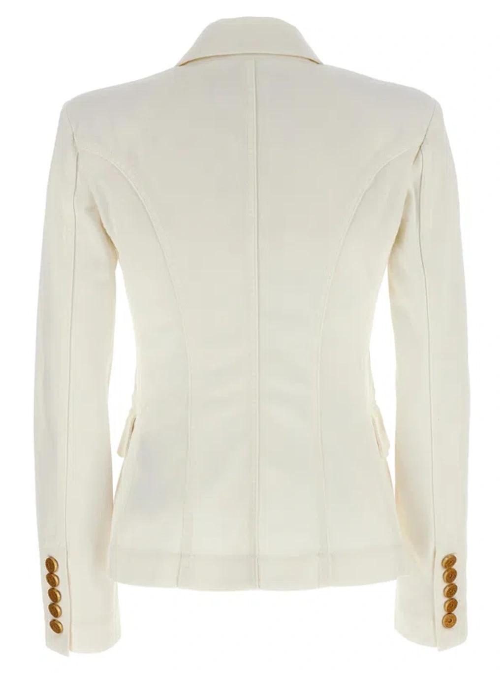 BALMAIN Double-breasted Structured Denim Blazer With Peak Lapel In White Product Image