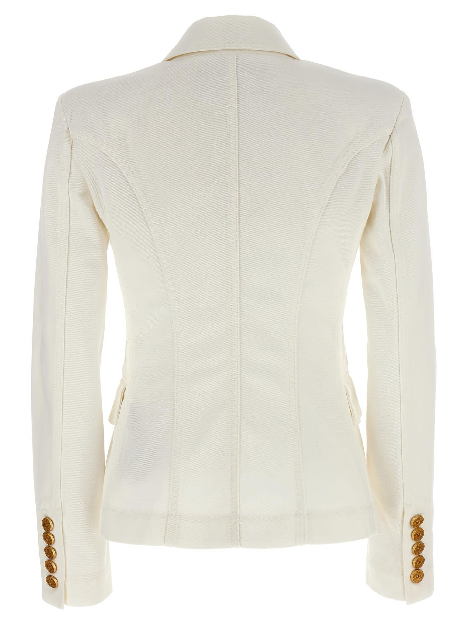 BALMAIN Double-breasted Structured Denim Blazer With Peak Lapel In White Product Image