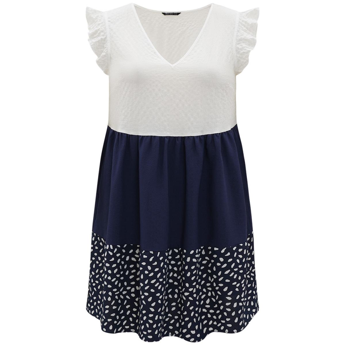 Plus Size Water Drop Print Patchwork Ruffle Cap Sleeve Pocket Dress DarkBlue Women Elegant Contrast V-neck Cap Sleeve Curvy Knee Dress BloomChic 14-16/1X Product Image