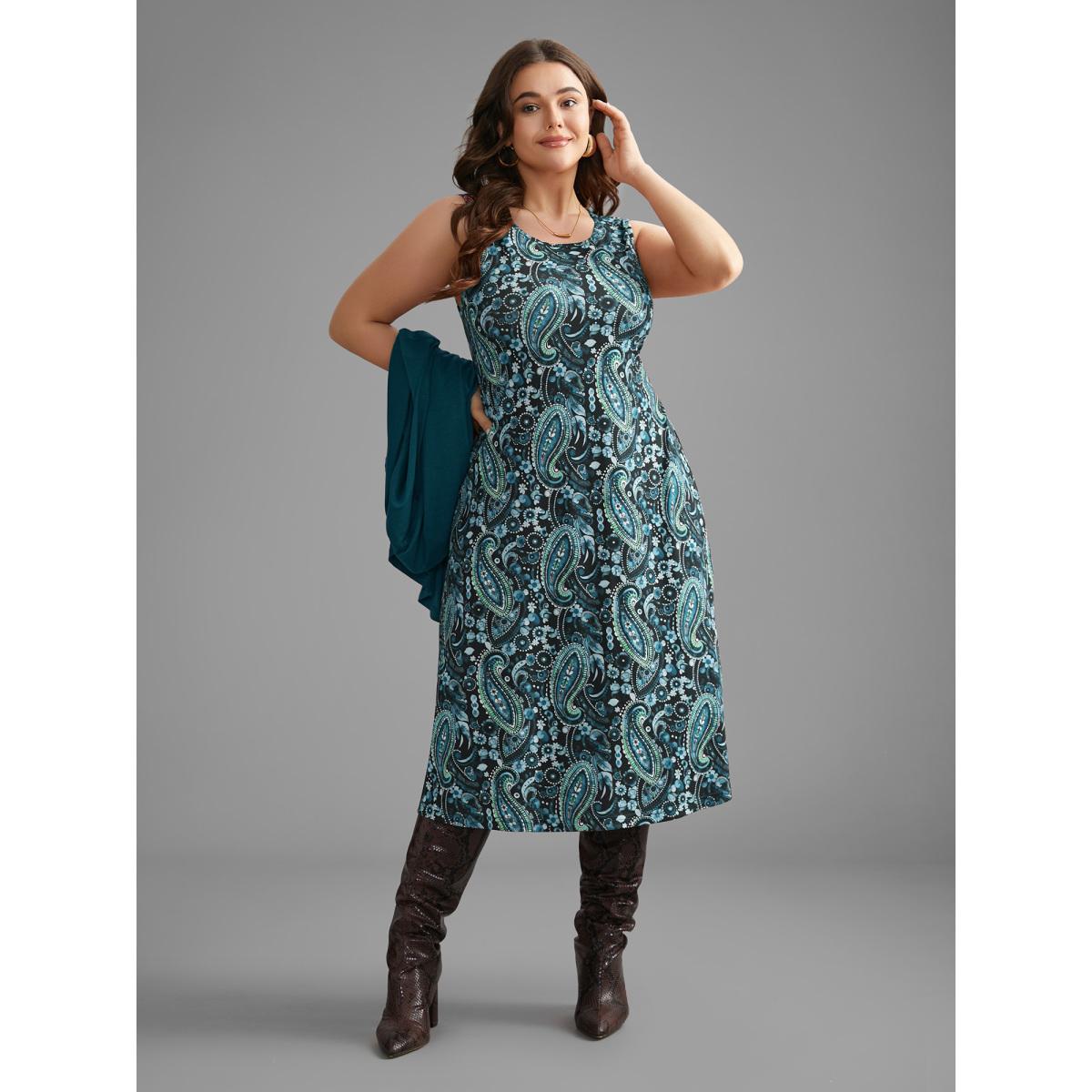 Plus Size Two Piece Paisley Print Knit Dress Set Teal Women Elegant Tiered Knit Dresses Bloomchic 14-16/1X Product Image