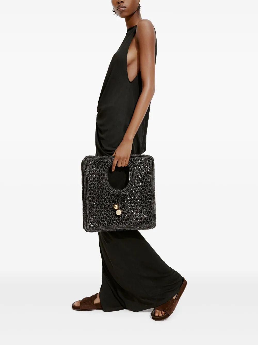 JACQUEMUS Carre Spiaggia Embellished Braided Raffia Tote In Black Product Image