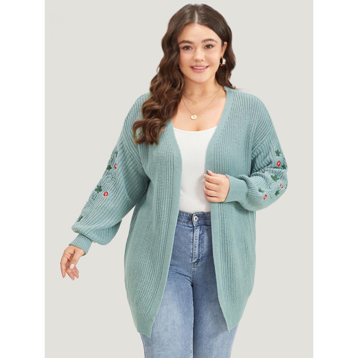 Plus Size Floral Embroidered Lantern Sleeve Drop Shoulder Cardigan Stone Women Casual Loose Long Sleeve Everyday Cardigans BloomChic 28/5X Product Image
