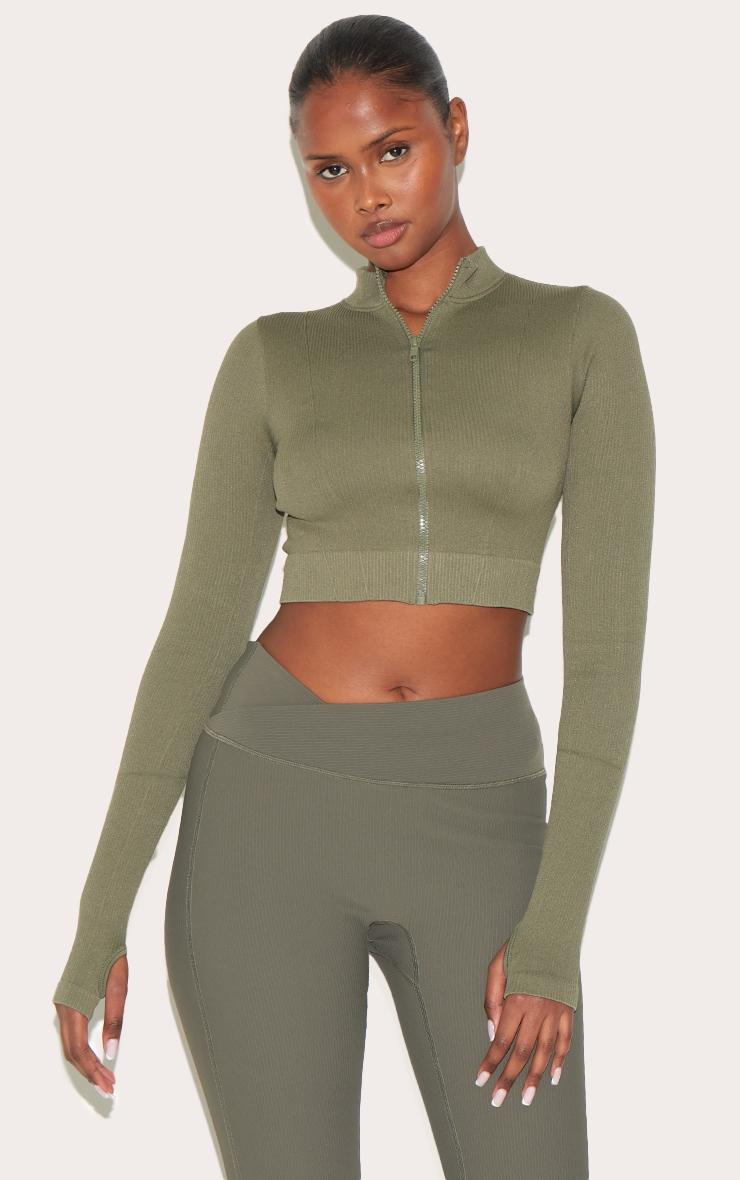 Olive Seamless Seam Detail Cropped Sports Jacket Product Image