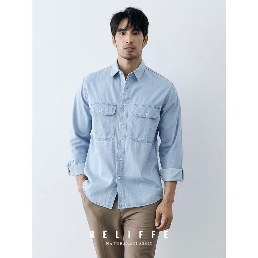 Long Sleeve Collared Denim Cargo Shirt Product Image