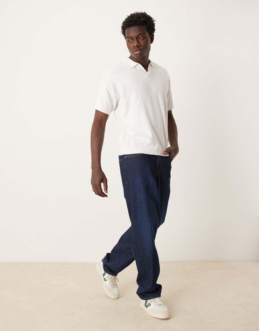 ASOS DESIGN relaxed boxy fit knit midweight cotton notch neck polo in white | ASOS Product Image